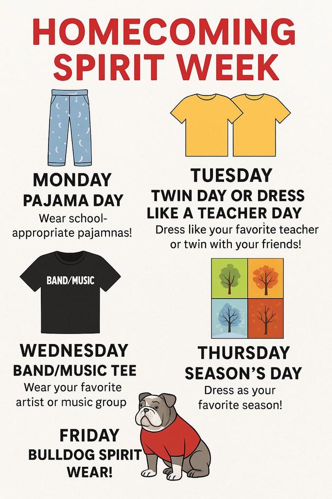 Homecoming Spirit Week Photos, Monday Pajama Day, Tuesday Twin Day, Wednesday Band/Music Tee, Thursday Season's Day and Friday Bulldog Spirit Wear! 