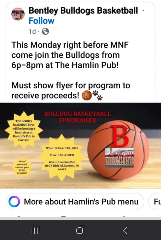 Flyer for the Bentley Bulldog Basketball team fundraiser. Enjoy dinner at Hamlin Pub tomorrow, Monday, October 13th from 6-8 pm.
