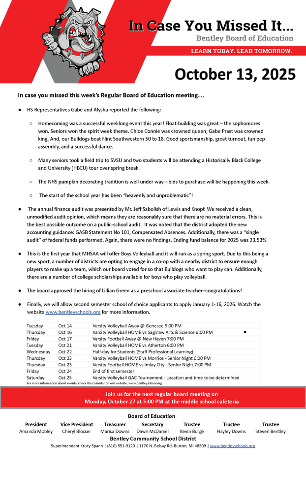 This image displays a summary of the Board meeting from October 13, 2025, which can be seen in the post.