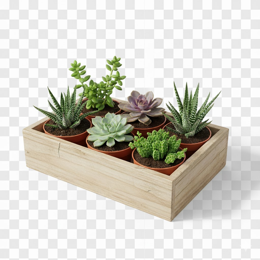 This image shows a box of small succulents.