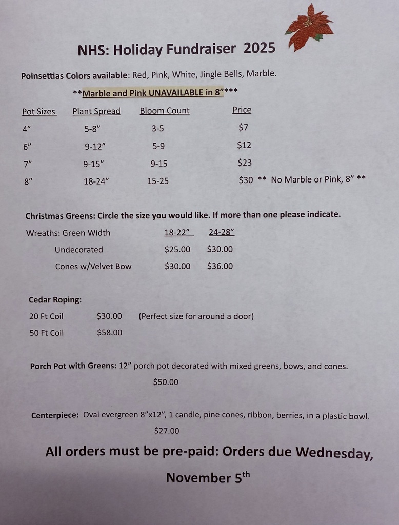 NHS Holiday Fundraiser Price List 