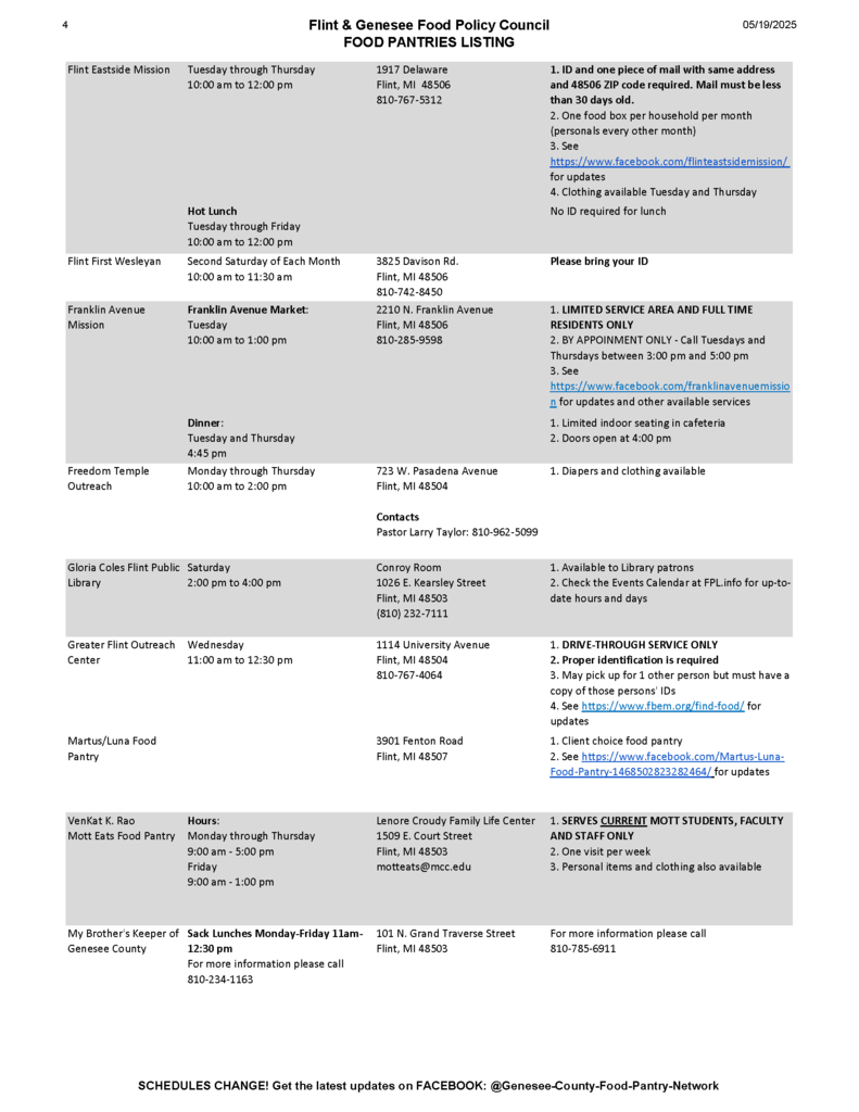 Flint and Genesee Food Policy Council Food Pantries Listing November 2025, page 4