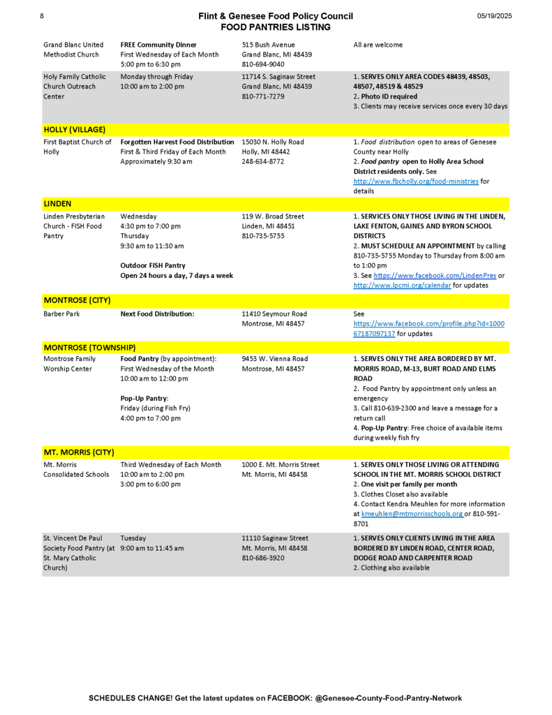 Flint and Genesee Food Policy Council Food Pantries Listing November 2025, page 8
