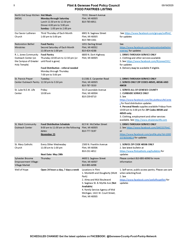 Flint and Genesee Food Policy Council Food Pantries Listing November 2025, page 5