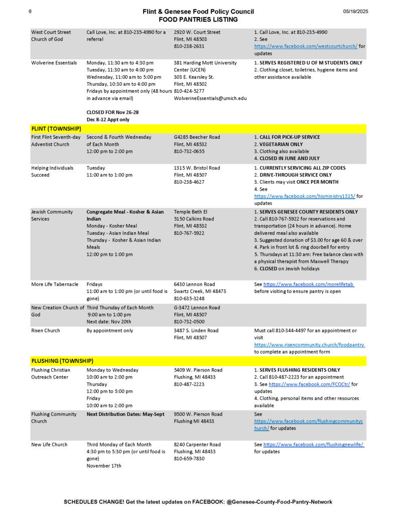 Flint and Genesee Food Policy Council Food Pantries Listing November 2025, page 6