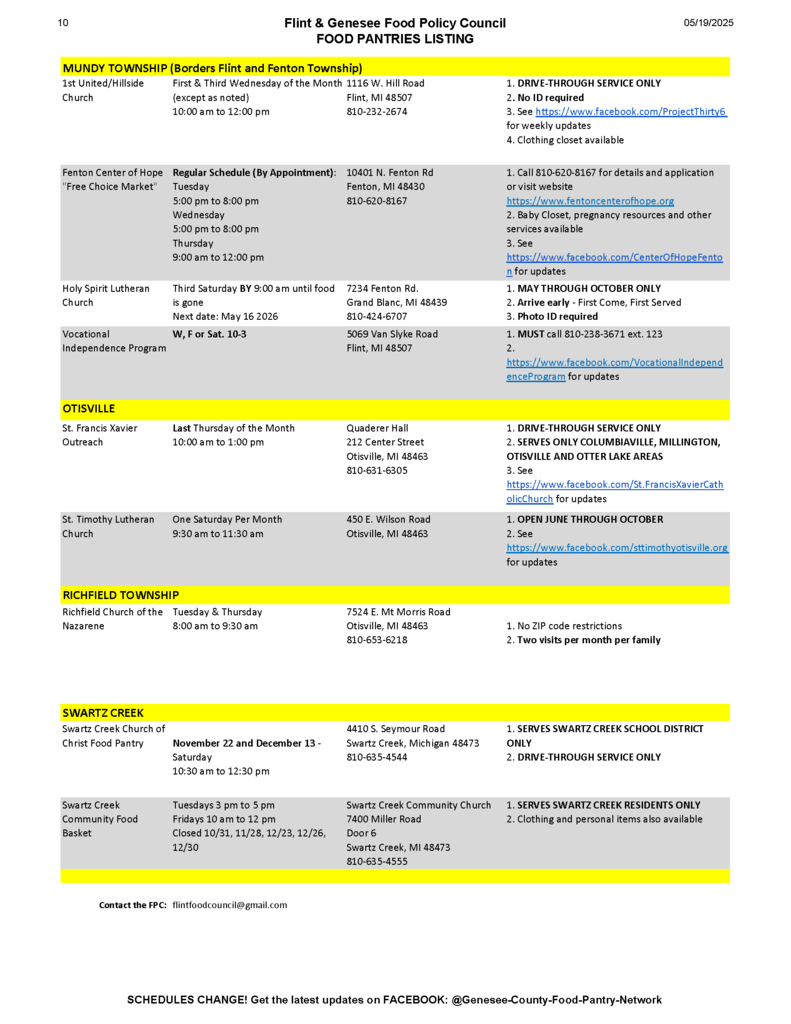 Flint and Genesee Food Policy Council Food Pantries Listing November 2025, page 10
