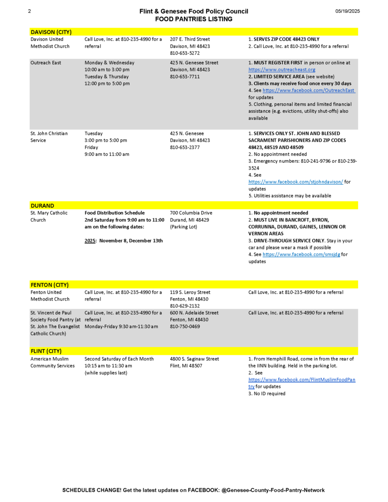 Flint and Genesee Food Policy Council Food Pantries Listing November 2025, page 2
