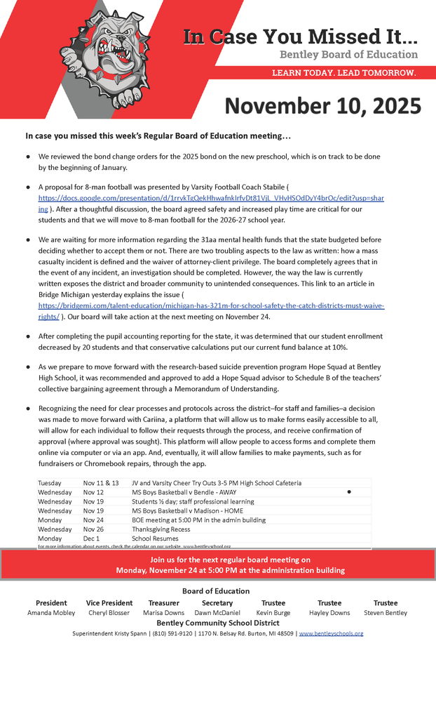 Image displays a summary of the board meeting from 11/10/25, which is in the text of the post. 