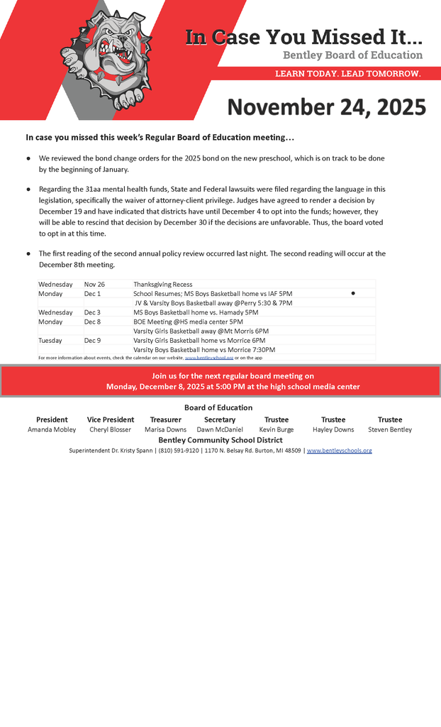 The image shows the information in the post, which is a summary of the board meeting on 11-24-2025.