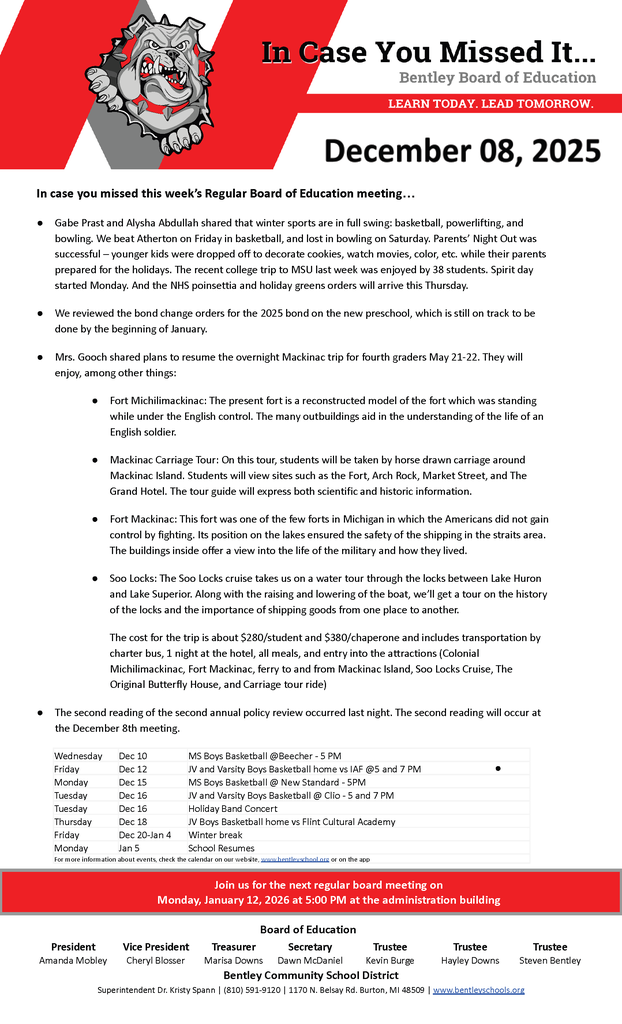 The information in this image can be read by going to the link in the post. It summarized the most current board of education meeting for Bentley Community Schools.