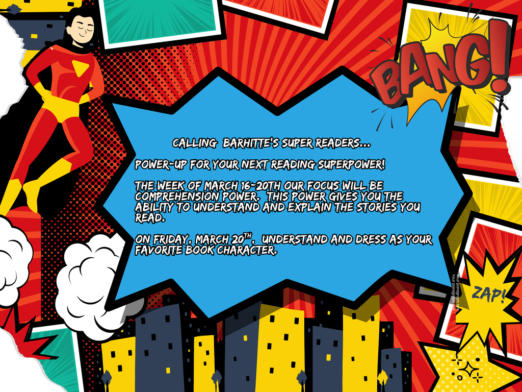 Superhero announcing Barhitte reading month week