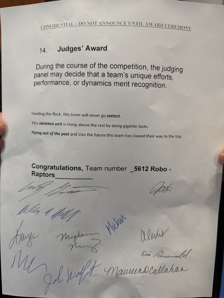 Bentley Robo-Raptors FRC robotics team Judges Award letter.
