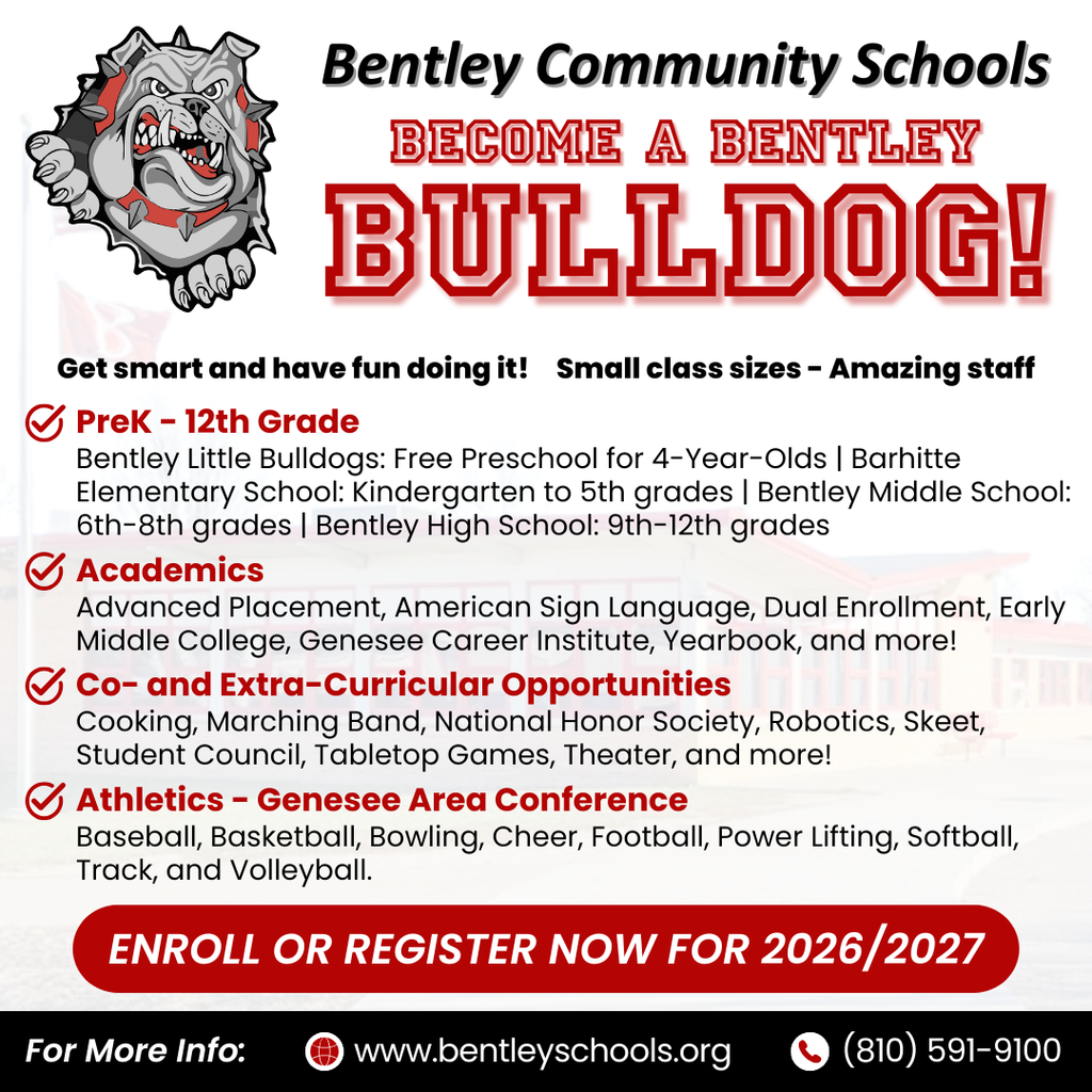 Bentley Community Schools - Enrollment / Registration flyer for 2026/2027