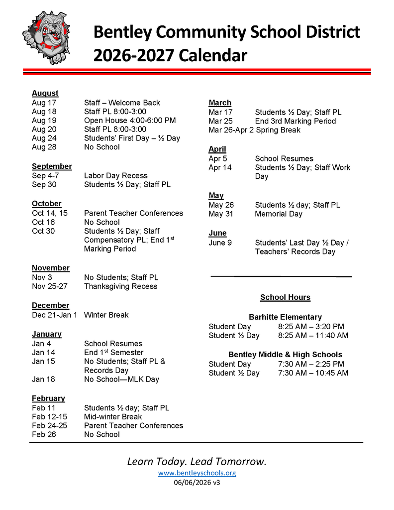 Image of the Bentley Community Schools 2026-27 calendar