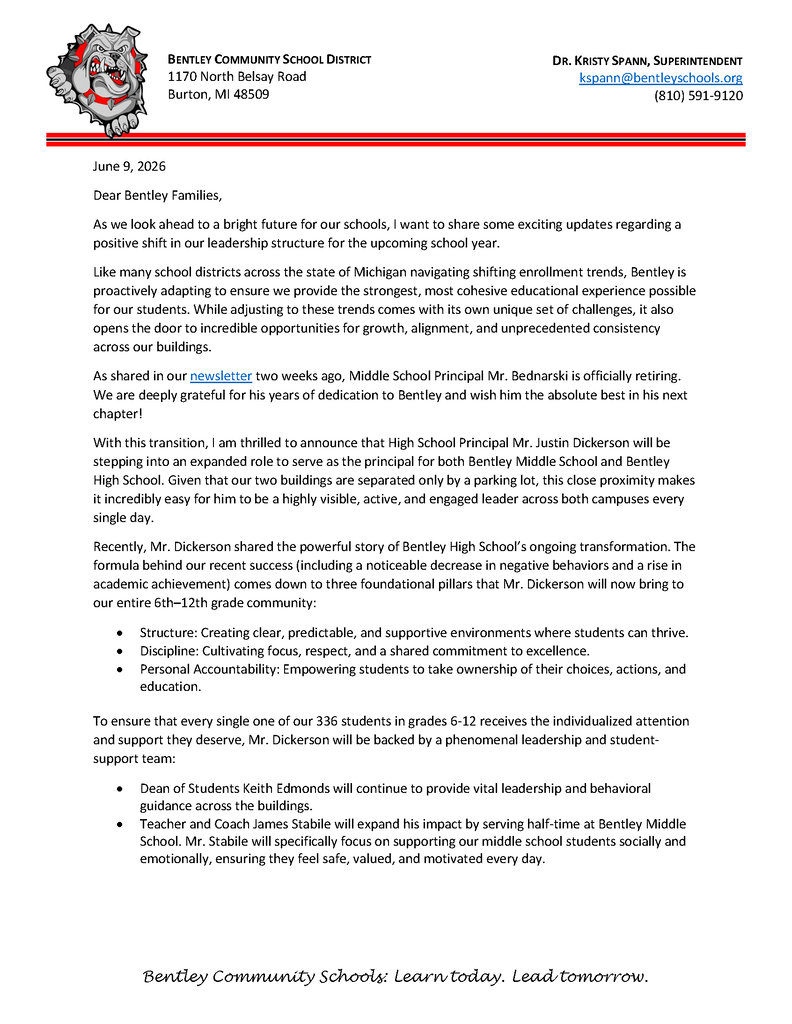 Letter updating the community about leadership changes at BMS pg 1