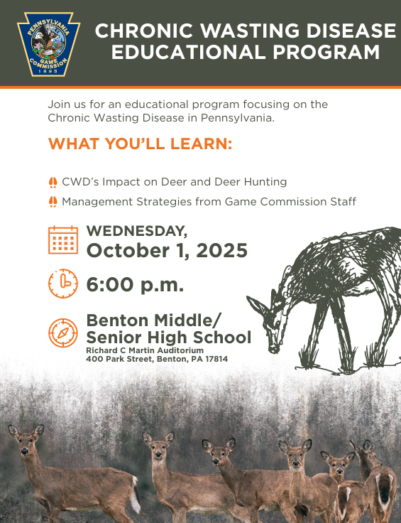 Chronic Wasting Disease Education Program on October 1, 2025 at 6pm at Benton Middle/Senior High School Auditorium