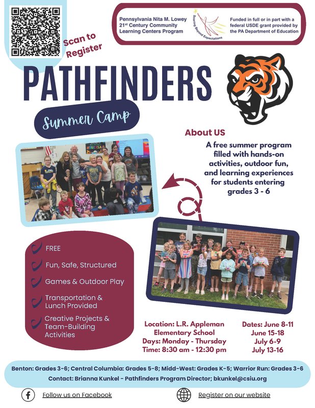 Pathfinders Summer Camp - A free summer program filled with hands-on activities, outdoor fun, and learning experiences for students entering grades 3-6. Scan the QR code to register.