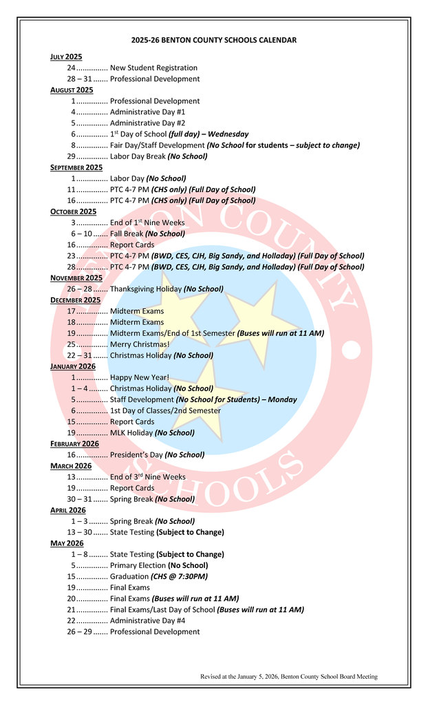 Revised 2025-2026 District Calendar