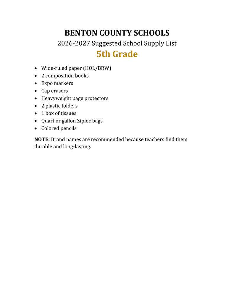 5th Grade List