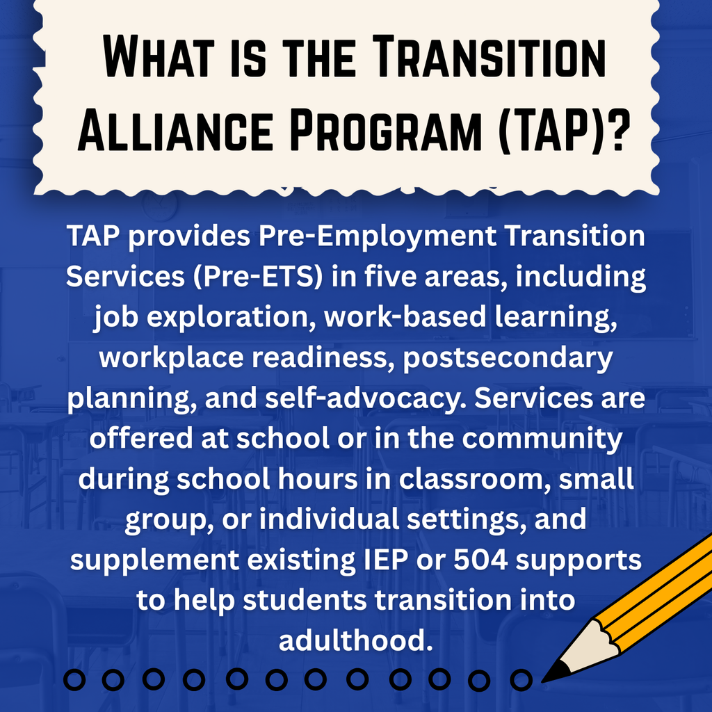 What is the transition alliance program (TAP) Tap provides pre-employment transition services in five areas, including job exploration , work-based learning, workplace readiness, postsecondary planning, and self advocacy.