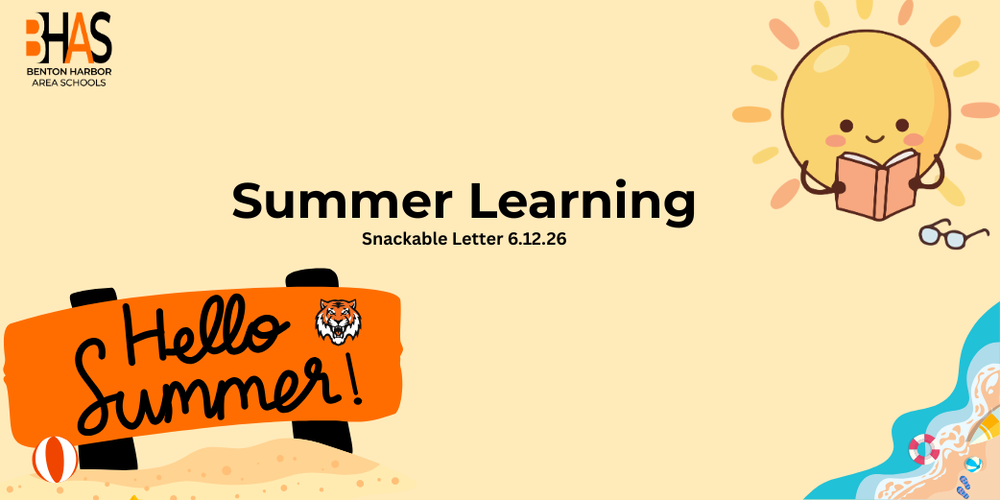 Graphic of a sandy beach with a sun logo holding a book. The words say continued learning in bold black letters.