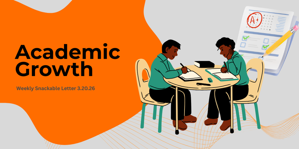 Academic Growth newsletter header with two students writing at a table and a graded A+ paper.