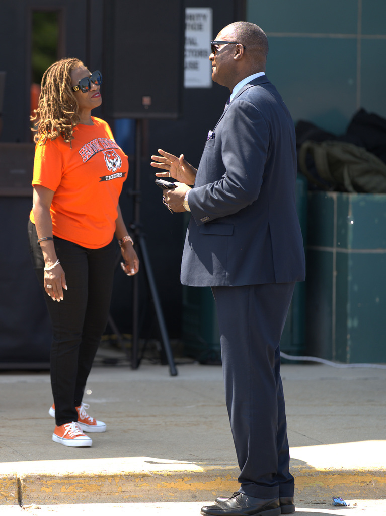 Dr. Griffin talking to BH Mayor at Back to School bash