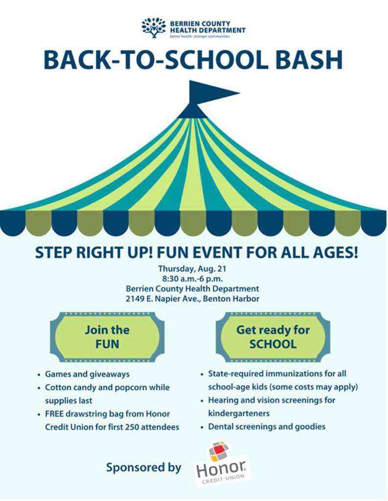 Berrien County Health Department Back to School bash on Aug 21 at 8:30 a.m.
