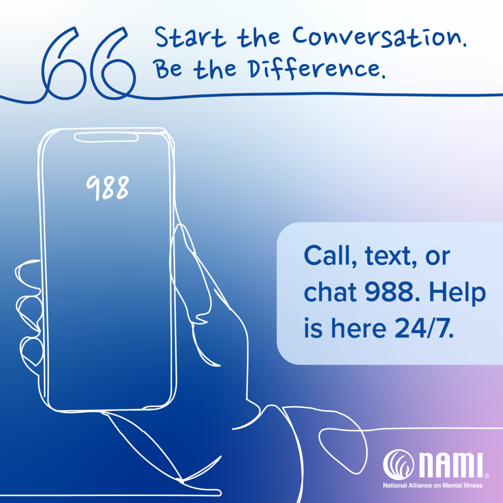 Call text or chat 988. Help is here 27/7.