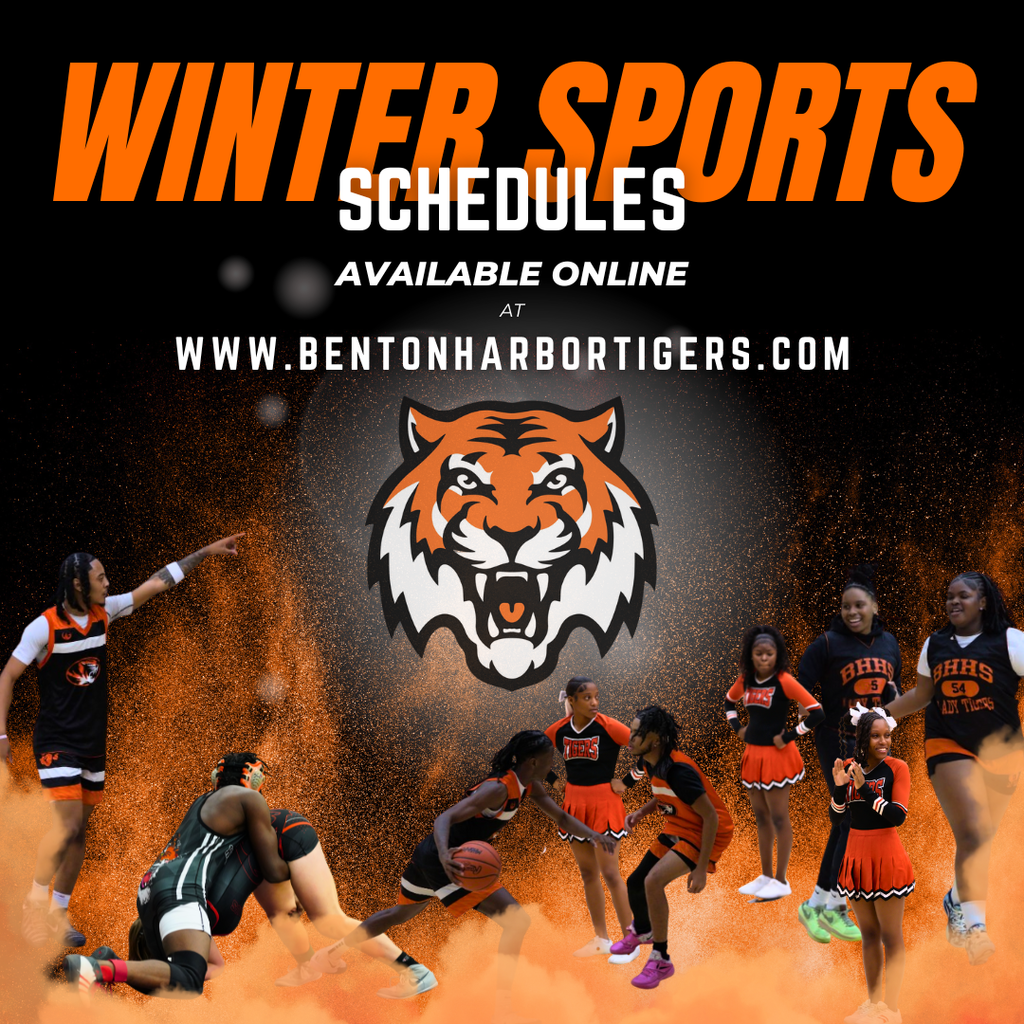 A promotional graphic for Benton Harbor High School winter sports schedules. The top reads “WINTER SPORTS SCHEDULES” in large orange and white lettering with the text “Available Online at www.BentonHarborTigers.com” below it. The center features a large Benton Harbor Tigers logo. The bottom of the graphic includes action photos of Benton Harbor athletes: boys and girls basketball players, wrestlers, and cheerleaders, all surrounded by orange smoke and a black background.