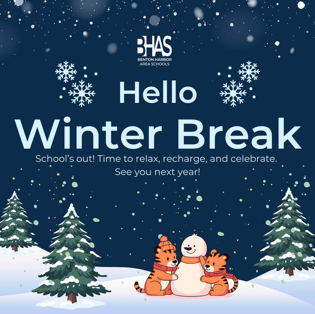 Hello Winter Break! Snowy background and Tigers building a snowman