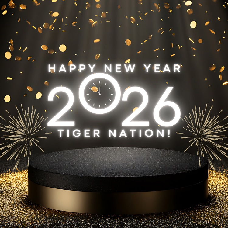 happy new year Tiger nation! gold confetti black background