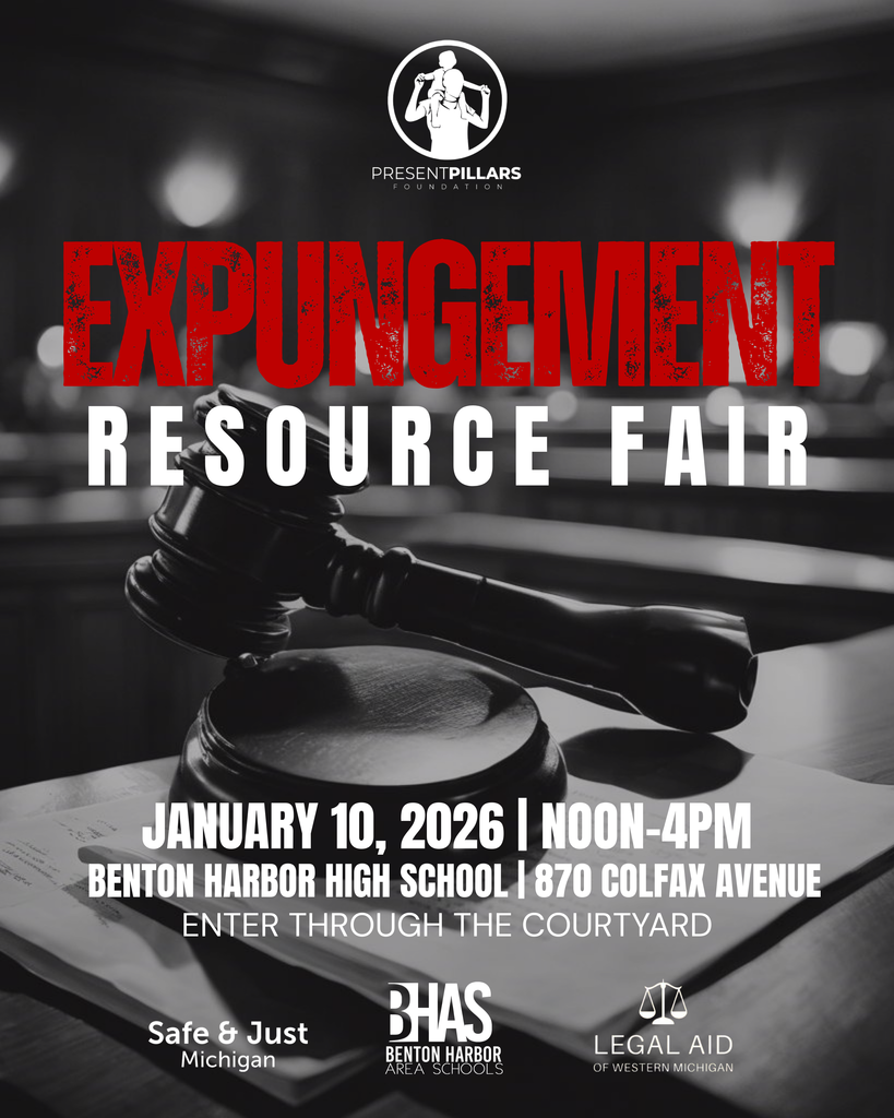 High-contrast black-and-white flyer showing a close-up of a judge’s gavel resting on stacked law books. Large distressed red headline text appears across the center, with the Present Pillars Foundation logo at the top and multiple partner organization logos aligned along the bottom.