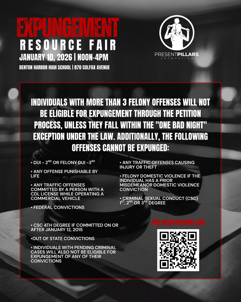 Black-and-white flyer with a blurred courtroom background and a judge’s gavel, framed by a red border. The layout features dense white text blocks explaining legal eligibility information, a QR code in the lower right, and the Present Pillars Foundation logo near the top.