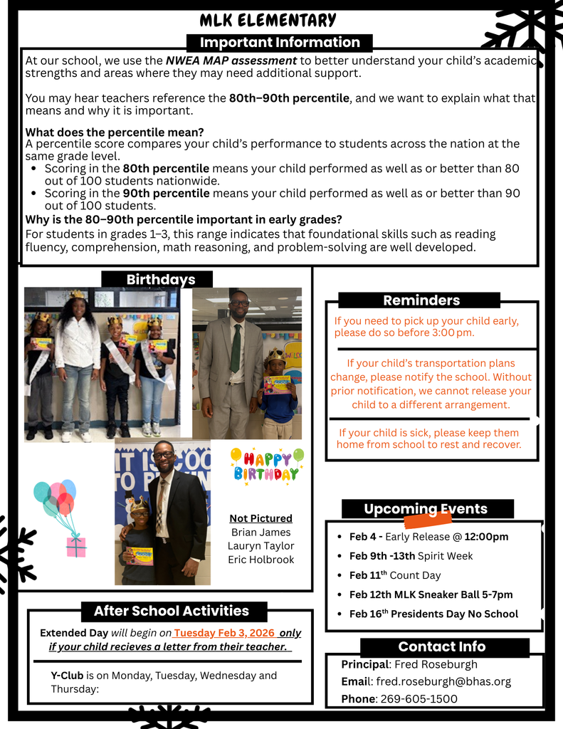 MLK Newsletter regarding NWEA Testing, birthdays, and important dates. Early Release February 4th, Spirit week is February 9th-13th, Count Day is February 11th, and MLK Sneaker Ball is 5pm-7pm, and February  18th is no school due to President's day. 