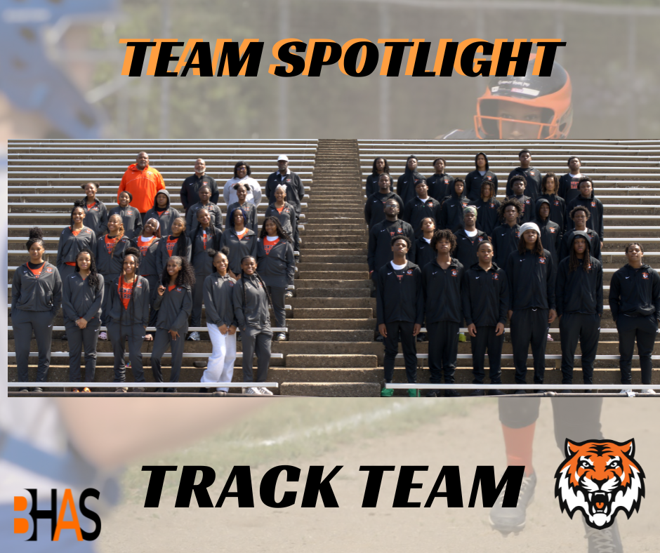 Benton Harbor Area Schools Track Team spotlight graphic featuring a team photo on stadium bleachers with the Tiger mascot logo.
