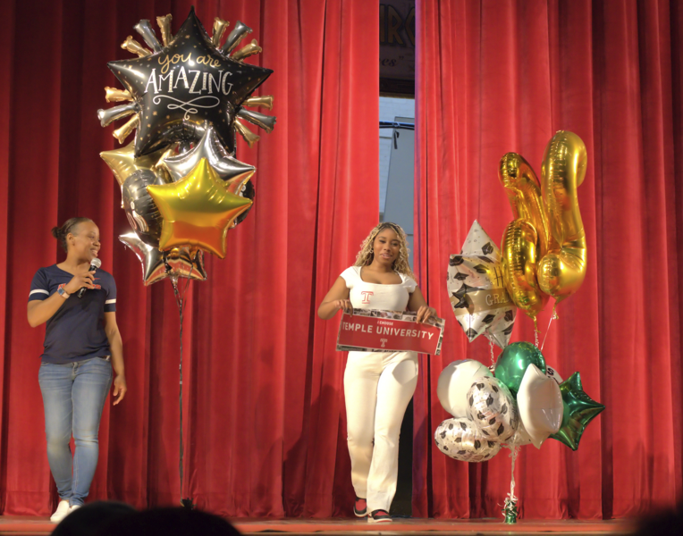 BHHS Students celebrating their decisions on stage during Senior Decision Day. 