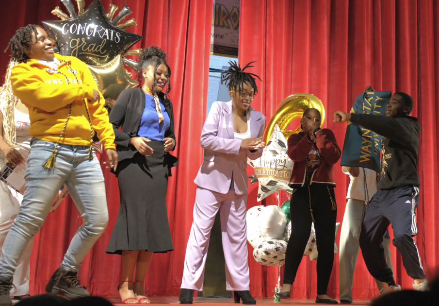 BHHS Students celebrating their decisions on stage during Senior Decision Day. 