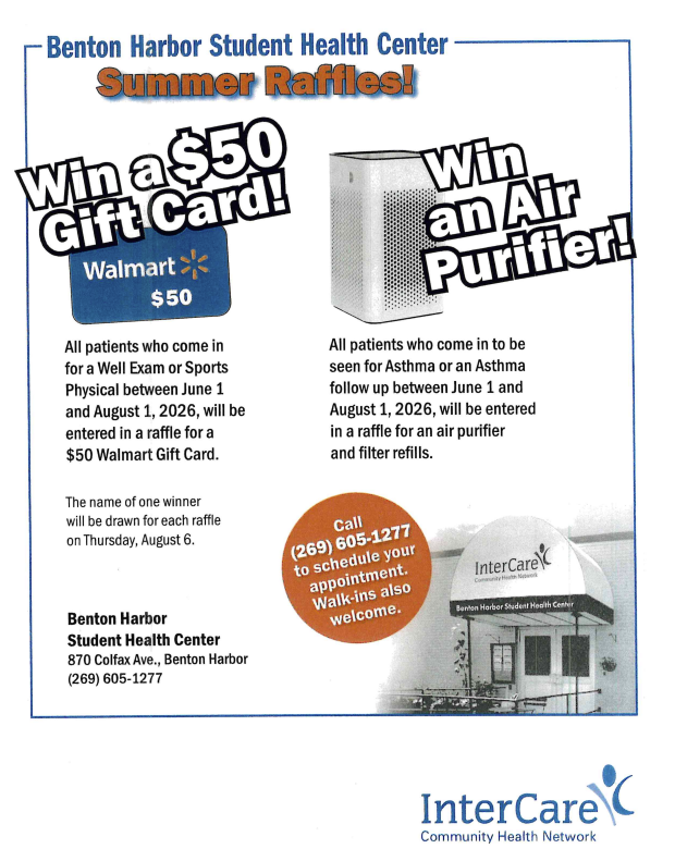 Students/parents are encouraged to get their 2026/2027 sports physicals now. Those that complete them between now and August 1st will be entered into a raffle! One winner will be awarded a $50 gift card to walmart and the other student will win an air purifier. Call 2696051277 to schedule an appointment. Walk-ins are also welcome. 