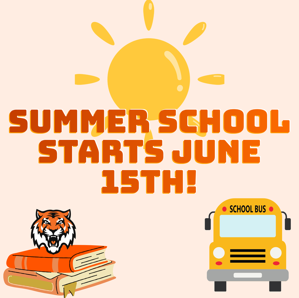 A graphic containing a tiger head logo on top of two books on the left side and a school bus on the right side. The words "summer school starts june 15th are in orange in front of a yellow sun. 