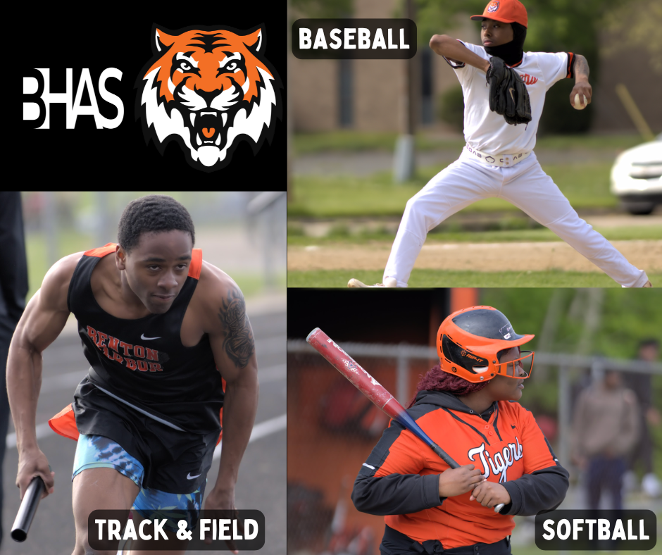 A sports collage for Benton Harbor Area Schools featuring three student-athletes in action. The top-left corner shows the BHAS and tiger head logos. The top-right shows a baseball pitcher mid-throw. The bottom-left features a track and field runner holding a baton. The bottom-right shows a softball player in a helmet holding a bat. Each photo is labeled with its respective sport: BASEBALL, TRACK & FIELD, and SOFTBALL.