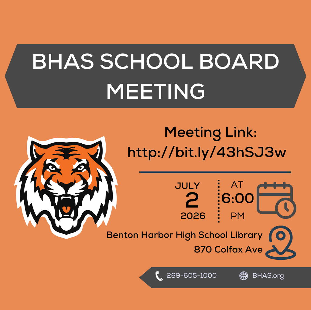 Orange graphic contacing the BHAS School board meeting with the meeting link : http://bit.ly/43hSJ3w. the meeting will be july 2nd at 6pm in the benton harbor high school library 870 colfax ave. 