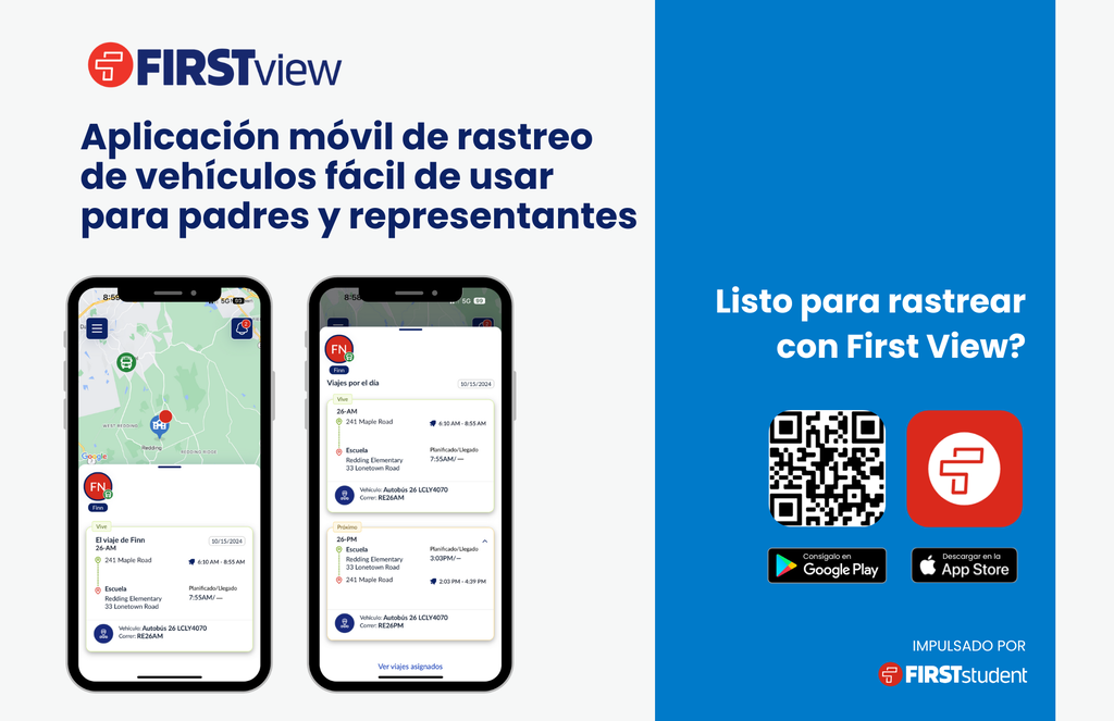 Aplicación FirstView para que padres y cuidadores rastreen el autobús escolar, con código QR y opciones de descarga.