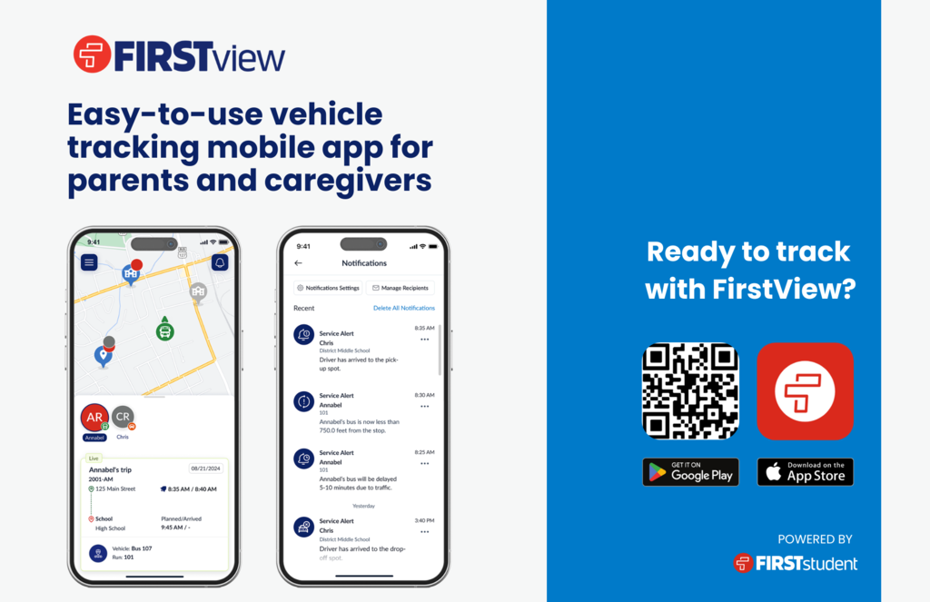 FirstView vehicle tracking app for parents and caregivers, featuring live bus tracking and notifications, with QR code and app download options.