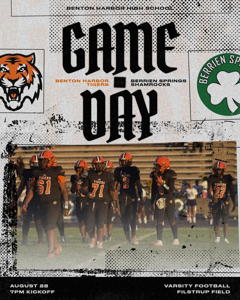 Game Day graphic for Benton Harbor Tigers vs. Berrien Springs Shamrocks varsity football, August 28 at 7:00 PM at Filstrup Field.