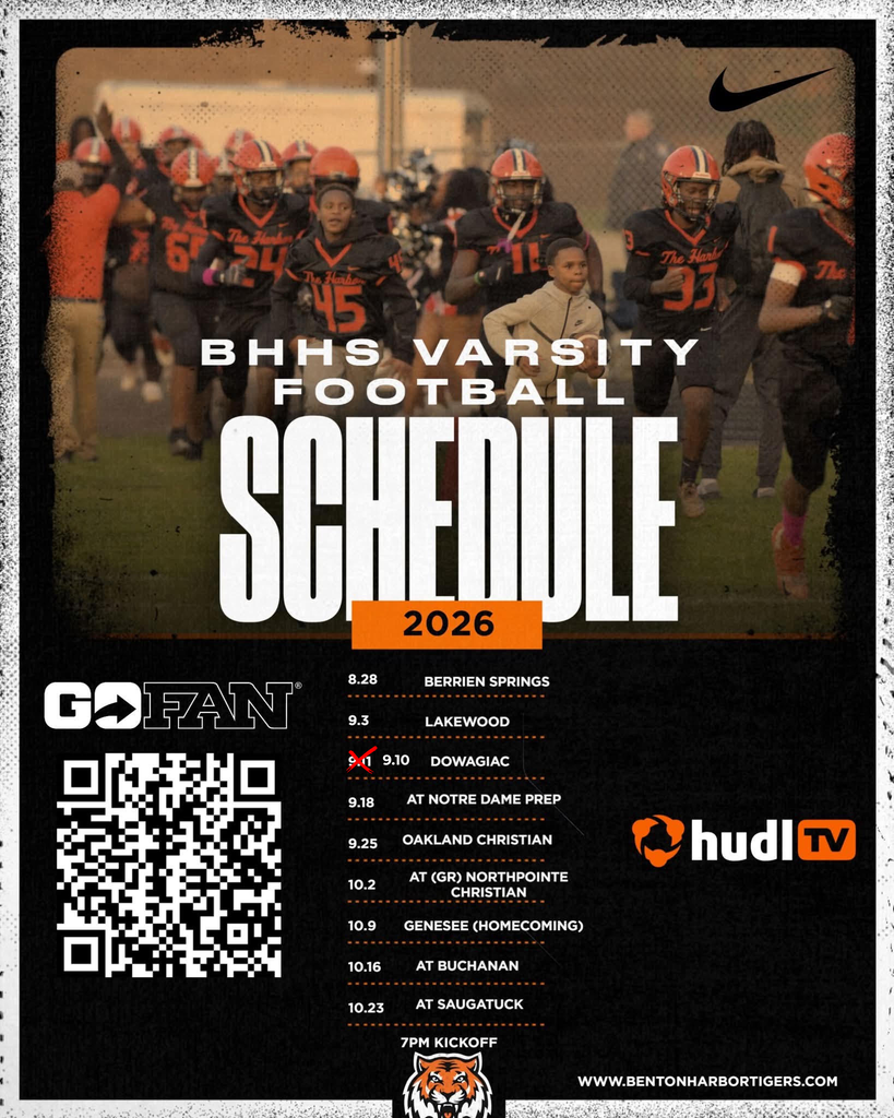 Updated 2026 BHHS varsity football schedule showing the Dowagiac game moved from September 11 to September 10, with remaining season dates and opponents.