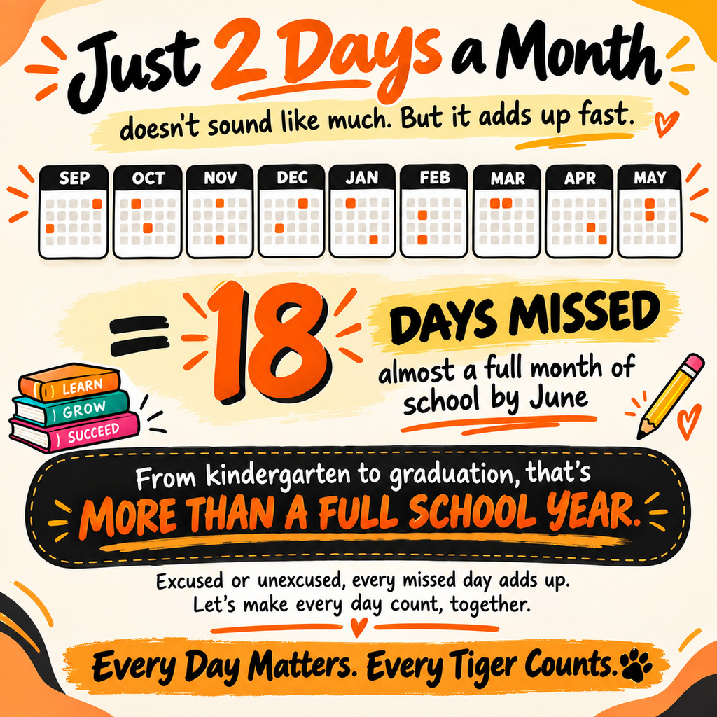Attendance graphic showing that missing just two days of school each month adds up to 18 days, nearly a full month of learning, by June.