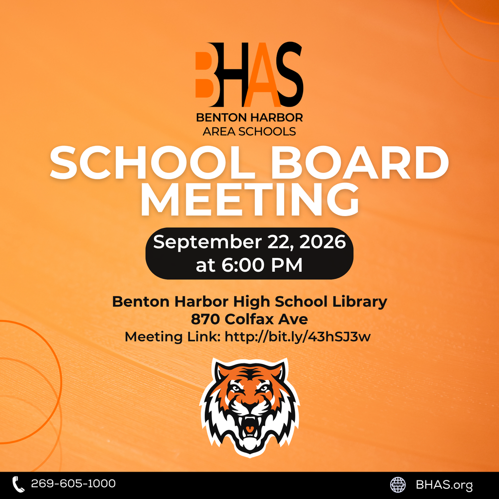 BHAS School Board meeting announcement for September 22, 2026, at 6:00 PM in the Benton Harbor High School Library, 870 Colfax Avenue.