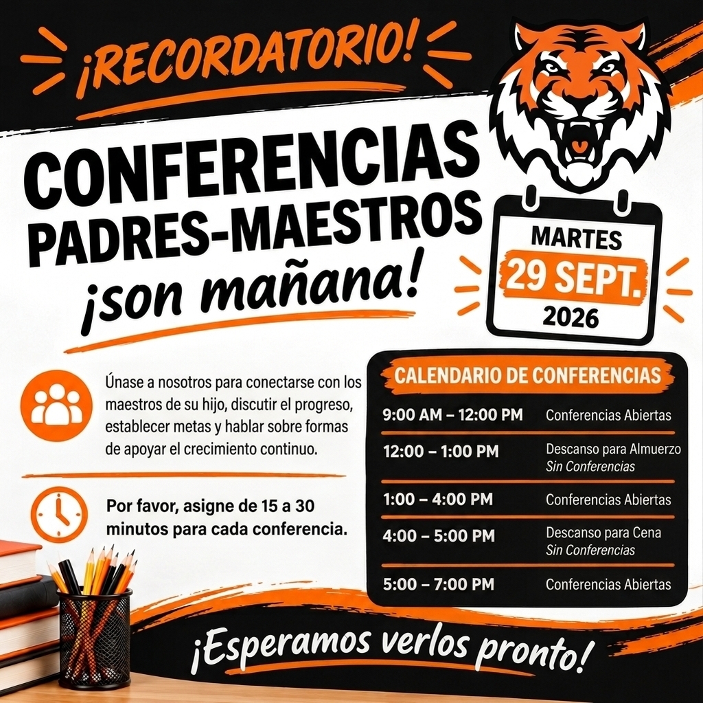 Recordatorio de conferencias de padres y maestros para el martes 29 de septiembre, con conferencias abiertas de 9:00 a.m. a 12:00 p.m., de 1:00 a 4:00 p.m. y de 5:00 a 7:00 p.m.