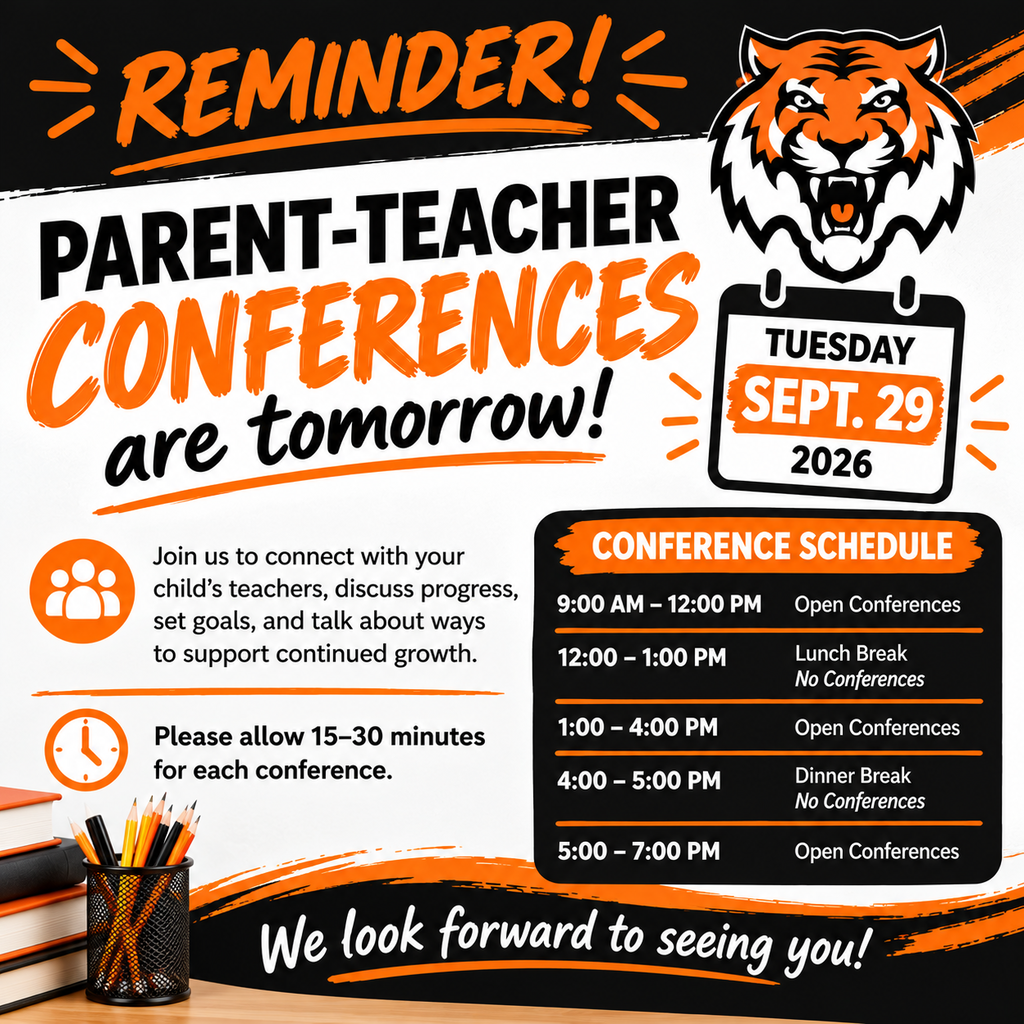 Parent-Teacher Conference reminder for Tuesday, September 29, with open conferences from 9 AM–12 PM, 1–4 PM, and 5–7 PM.